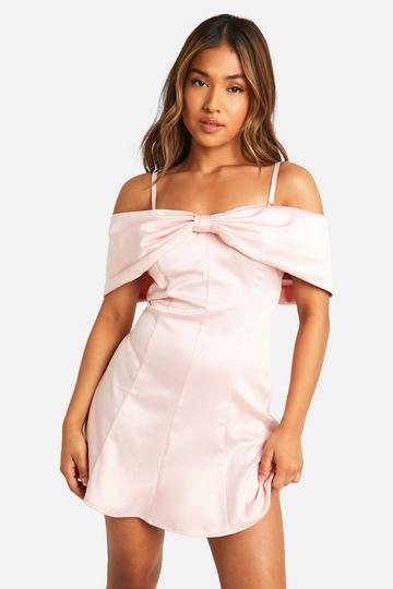 Petite Bardot Bow Satin Mini Dress pale pink